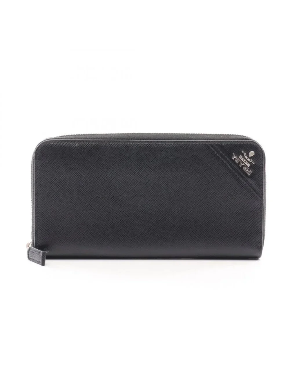 Prada Round Wallet Black Saffiano Leather Metal Logo